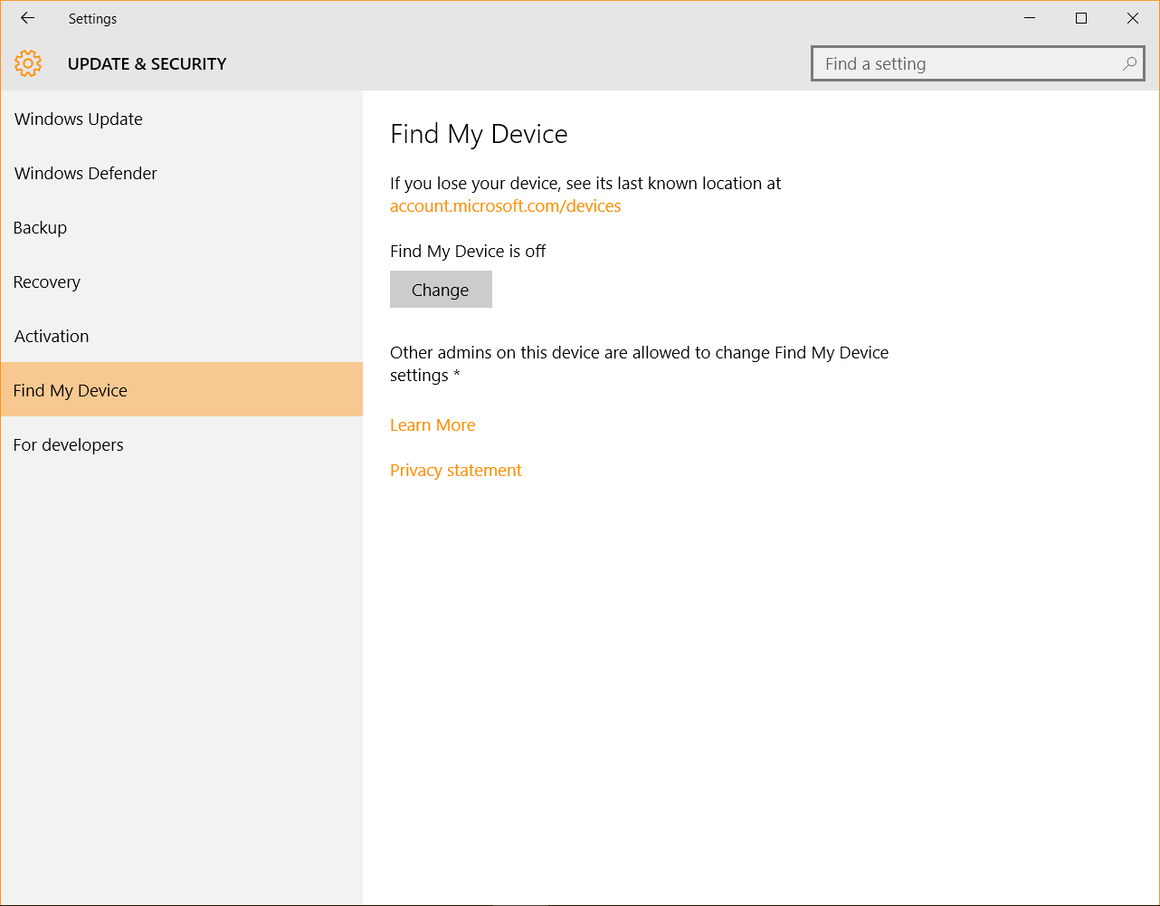 Windows 10 Security Guide - Find My Device Settings